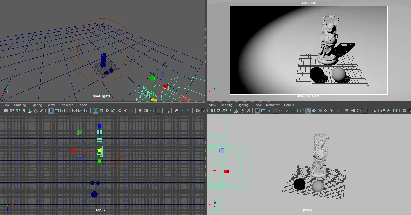 Spotlight, RENDER_CAM, Top und persp Ansicht