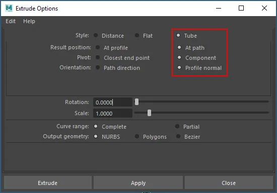 Einstellungen für Extrude