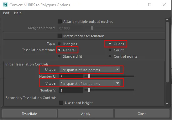 Grundeinstellungen Convert NURBS to Polygon