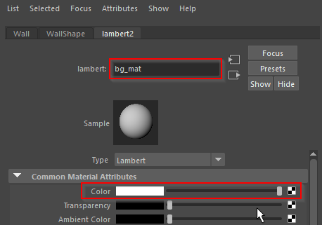 Attribute Editor "bg_mat"